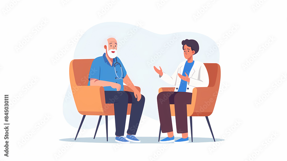 Elderly patient consulting with a doctor in a modern clinic setting, emphasizing professional healthcare and empathy. Elderly patient consulting with a doctor in a modern clinic setting, emphasizing professional healthcare and empathy.