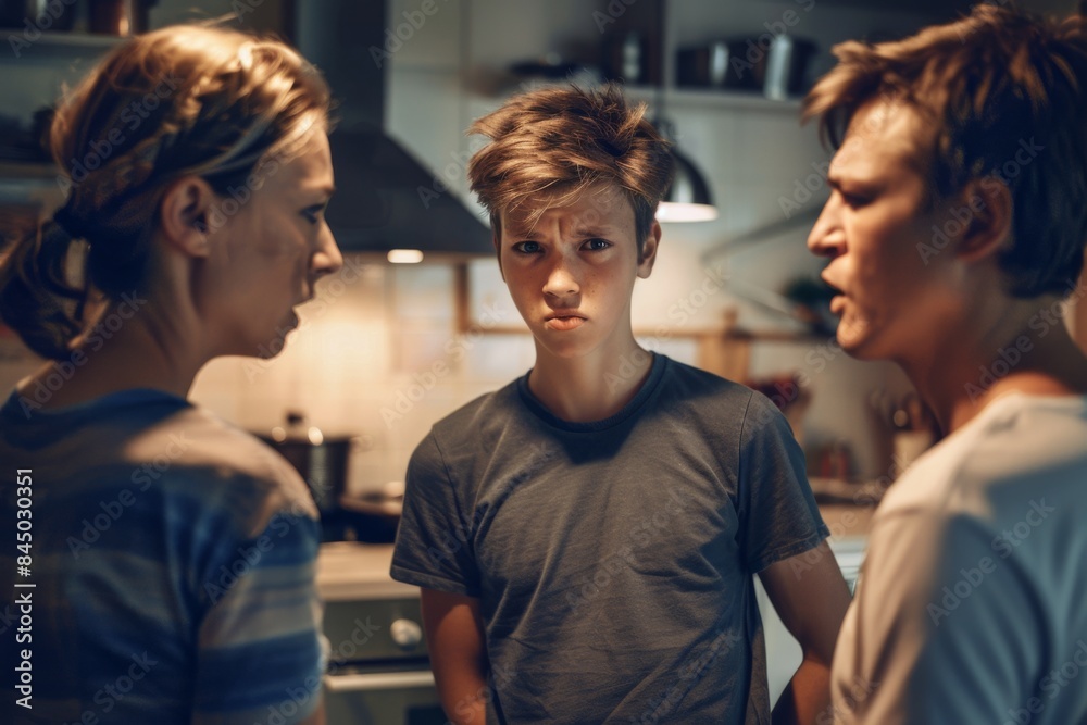 Teenager arguing with parents in kitchen, tense faces and lighting. Teenager arguing with parents in kitchen, tense faces and lighting.
