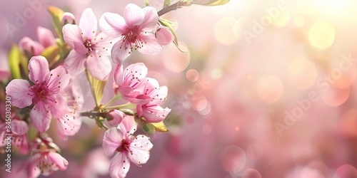 A close-up view of pink cherry blossoms in full bloom  bathed in warm springtime sunlight