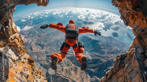 photograph of A skydiver in free fall with a breathtaking view of the earth below, showcasing the ultimate adrenaline rush wide angle lens.