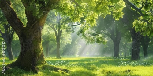 A sunbeam shines through the canopy of green trees in a summer forest