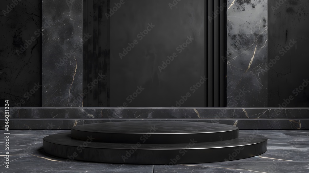 Pedestal of Platform display with black stand podium on dark room background. Blank Exhibition or empty product shelf. 3D rendering. Pedestal of Platform display with black stand podium on dark room background. Blank Exhibition or empty product shelf. 3D rendering.