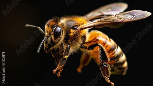 bee in profile, highlighting the extension of its wings, legs and the shape of its body. generative ai © Kelly
