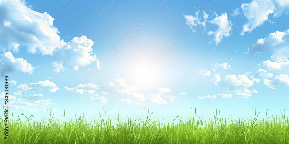 A panoramic view of a green grass field with a bright blue sky and fluffy white clouds. The sun is shining brightly