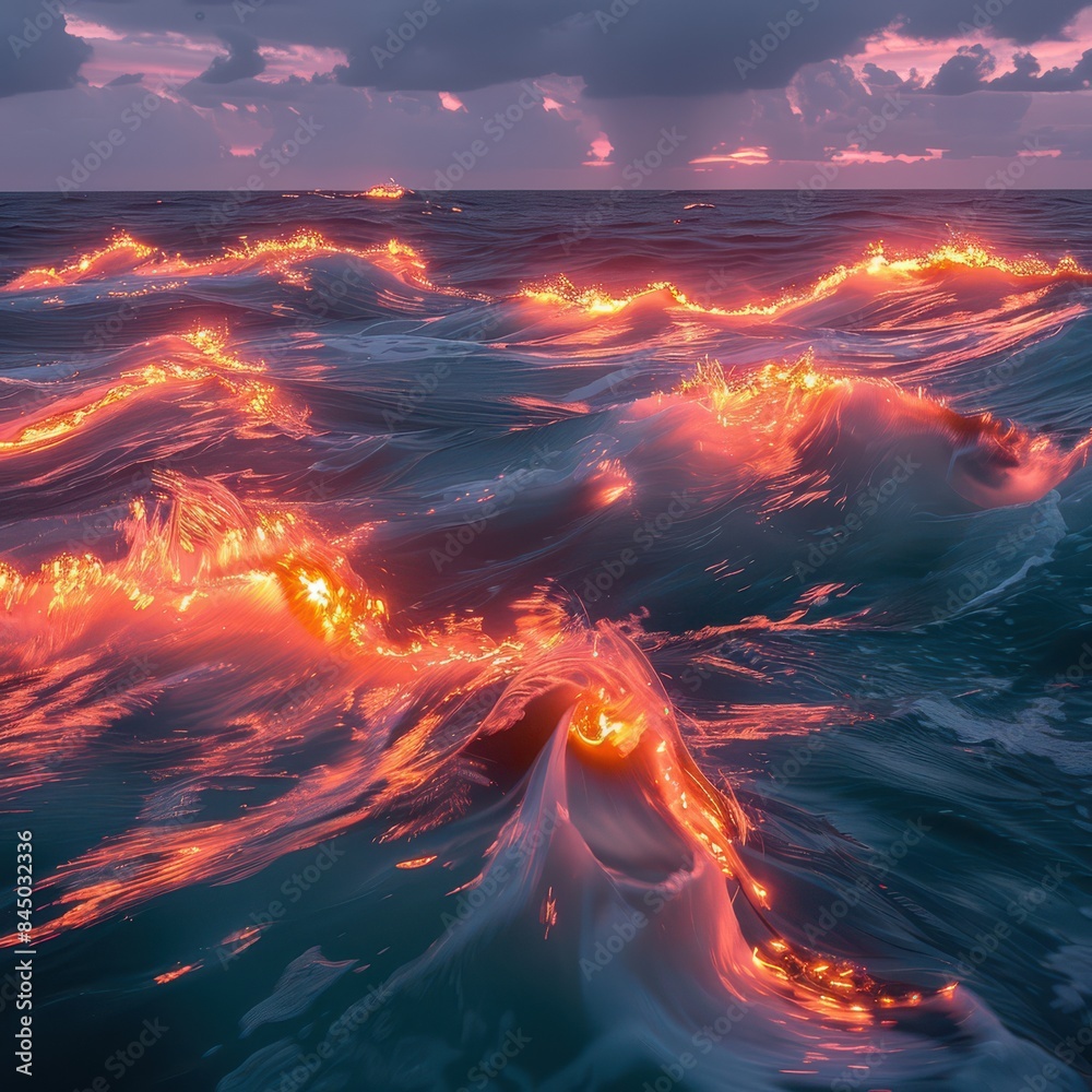 Stunning Image of Fiery Waves at Sunset - Ocean Landscape Blending ...