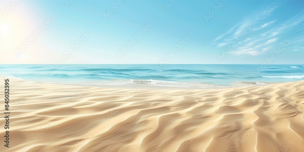 A scenic view of a sandy beach with calm blue waters and a bright blue sky A scenic view of a sandy beach with calm blue waters and a bright blue sky