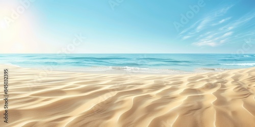 A scenic view of a sandy beach with calm blue waters and a bright blue sky