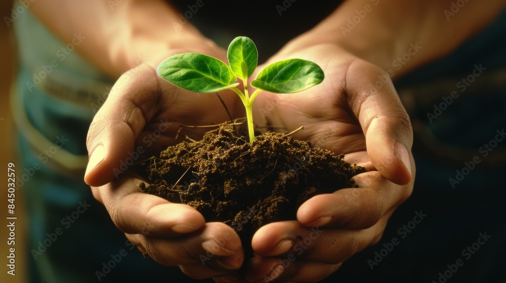 Hands holding a young plant generative ai Hands holding a young plant generative ai