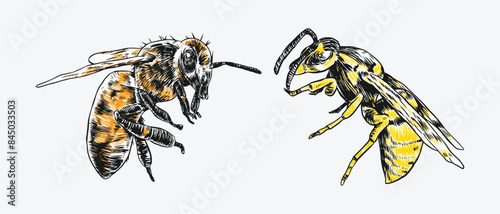 Hand drawn engraving of bee and wasp. Isolated on white background. Vector illustration.