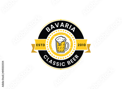 Fresh foamy craft beer glass circle vintage logo design template brewery pub bar malt beverage restaurant vector illustration. Premium quality round retro emblem with ribbon branding identification