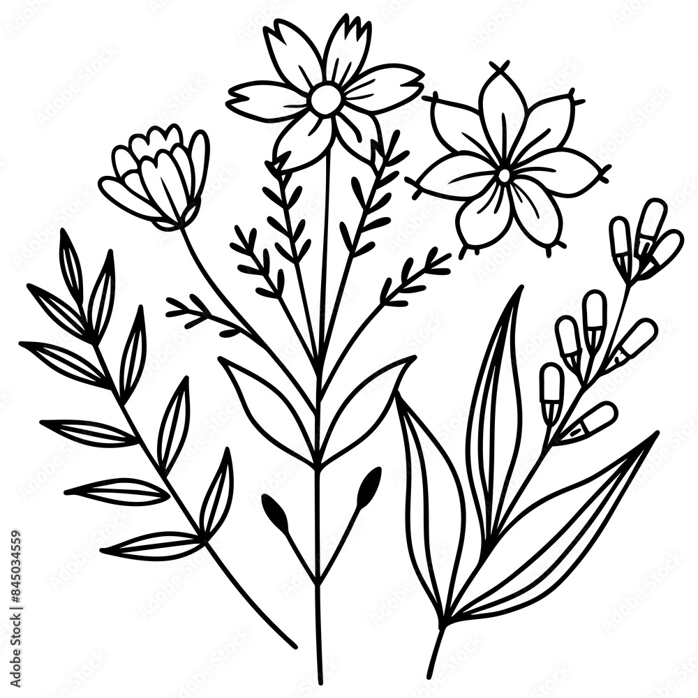  trendy wildflowers and minimalist flowers for wall decoration or wedding.