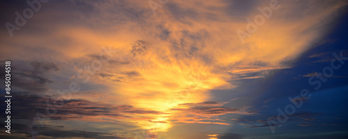 Banner Golden sky sunrise dramatic beautiful landscape view. Dawn sky gold dusk time cloudscape with sunlight. Panorama Dramatic sunset scenic landscape. Beautiful landscape nature with copy space