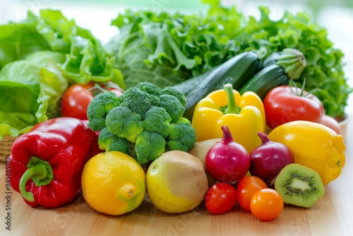 assortment of fresh vegetables and fruits on a wooden table  with bright colors and natural lighting