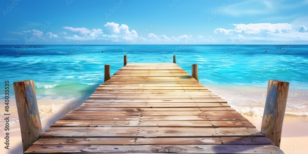 Fototapeta premium A wooden dock extends out to clear blue ocean water on a bright, sunny day with white clouds in the sky