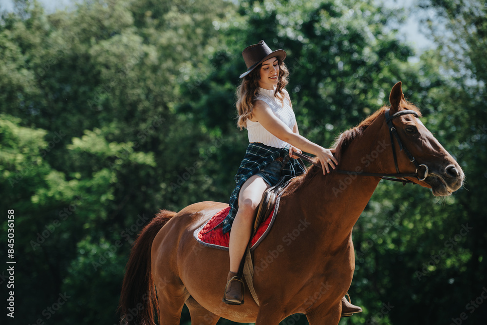 A young woman wearing casual attire, riding a brown horse in a lush green forest, enjoying the sunny weather. A young woman wearing casual attire, riding a brown horse in a lush green forest, enjoying the sunny weather.