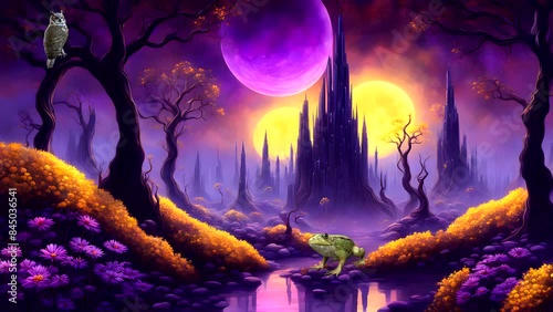 Animated Mysterious surreal fantasy night scene of purple and yellow colors of two moons, trees and unique flowers, Seamless looping 4k time-lapse animation video background
 photo