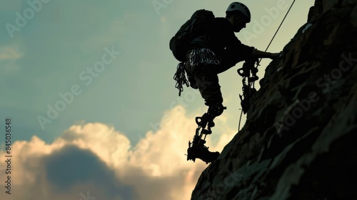 A silhouette of a person with high-performance bionic legs scaling a sheer rock face, defying gravity and showcasing the enhanced mobility of the technology.