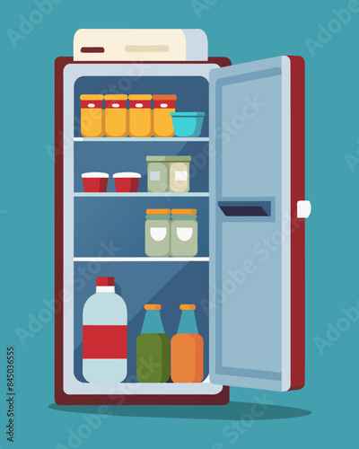 The fridge was a barren landscape with only a single leftover takeout container and a few condiment bottles left in its chilly borders.. Vector illustration