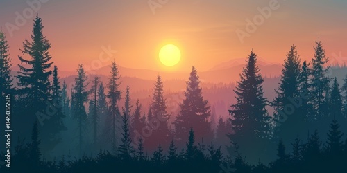 A scenic view of a forested mountain range at sunset, with silhouetted pine trees in the foreground and a hazy, purple-tinged sky in the background