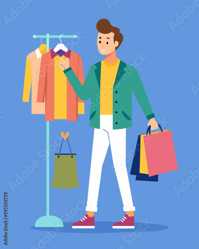 A young professional decides to shop at thrift stores for trendy clothing instead of splurging on designer pieces.. Vector illustration