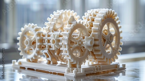 Detailed 3D printed gear mechanism model, showcasing complex engineering design and additive manufacturing technology in bright daylight.