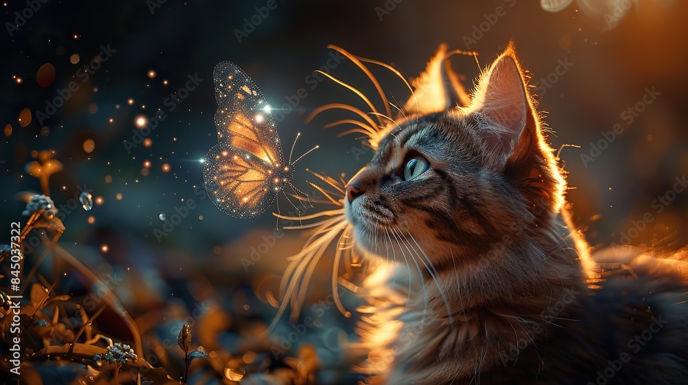 A feline gaze fixed upon an ethereal butterfly ignites the spark of creativity, where curiosity weaves its tapestry of inspiration. A feline gaze fixed upon an ethereal butterfly ignites the spark of creativity, where curiosity weaves its tapestry of inspiration.