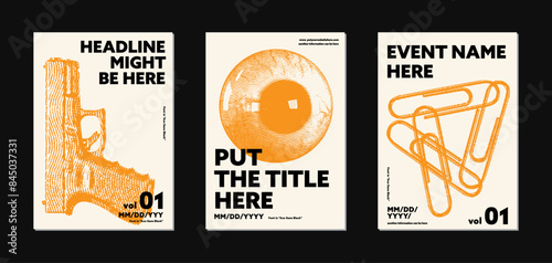 Magazine Cover Design Set, layout design for events poster, illustration element graphic for cover book. Minimalist indie edgy brochure modern flyers template, with gun, eye and safety pin vector