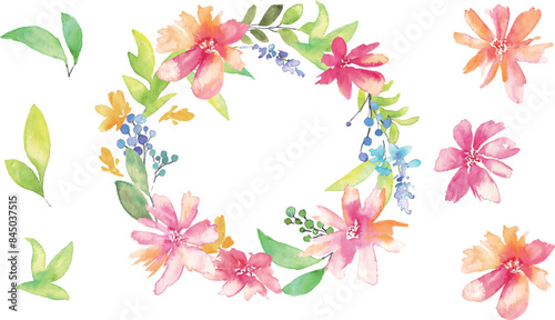 水彩のベクターフラワーフレーム。水彩タッチで描いた花と草木のウエディングフレーム。水彩の花束。Watercolor vector flower frame. Wedding frame of flowers and plants with watercolor touch. Watercolor bouquet.