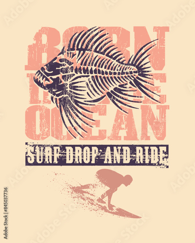 Fish skeleton illustration in composition with lettering and surfer silhouette.