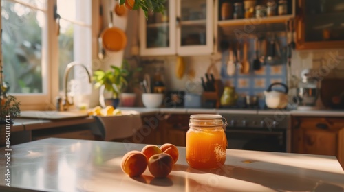 Ready-to-eat peach jam sits on a white table in a warmly lit kitchen.  © kamonrat