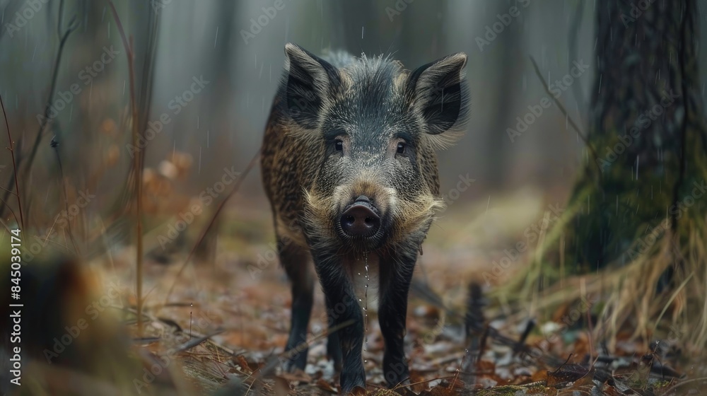 Observing Wild Boar in Forest Wet Dirty and Cute in Spring Woodland Observing Wild Boar in Forest Wet Dirty and Cute in Spring Woodland