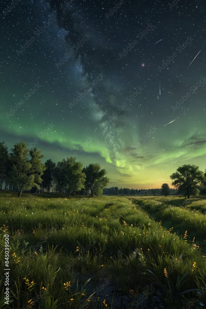 Night sky with aurora borealis and shooting stars over grassy field. Night sky with aurora borealis and shooting stars over grassy field.