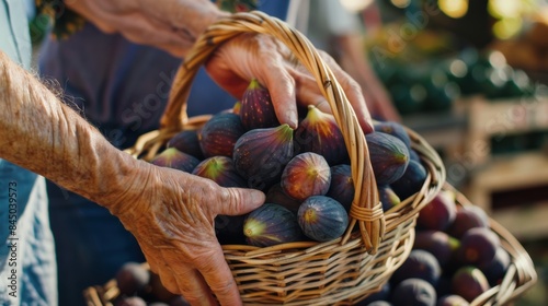 Hands holding a wicker basket filled with freshly picked figs at a market, symbolizing harvest, natural produce, and the simplicity of farm-to-table lifestyle