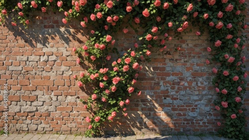 Pink Roses Climbing Brick Wall. © Narongsag
