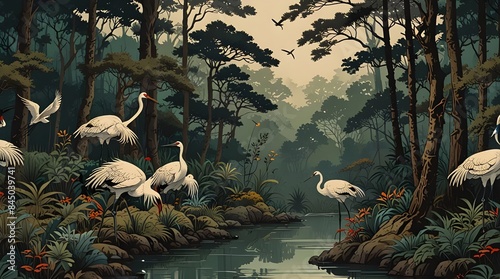 Drawing wallpaper of a landscape of birds crane in the middle of the forest.generative.ai