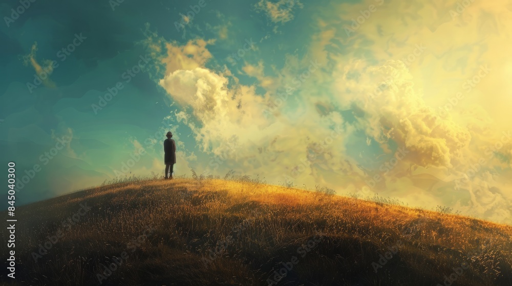 person contemplating a panoramic view from a hill, generative ai person contemplating a panoramic view from a hill, generative ai
