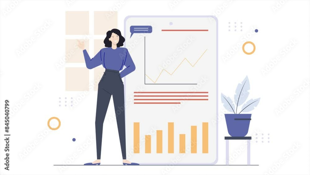 a businesswoman standing beside statistic on screen animated illustration video a businesswoman standing beside statistic on screen animated illustration video