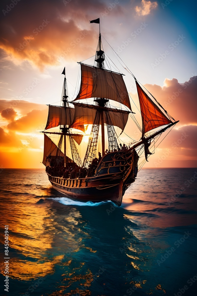 Ancient ship with raised sails at sunset, vertical orientation Ancient ship with raised sails at sunset, vertical orientation