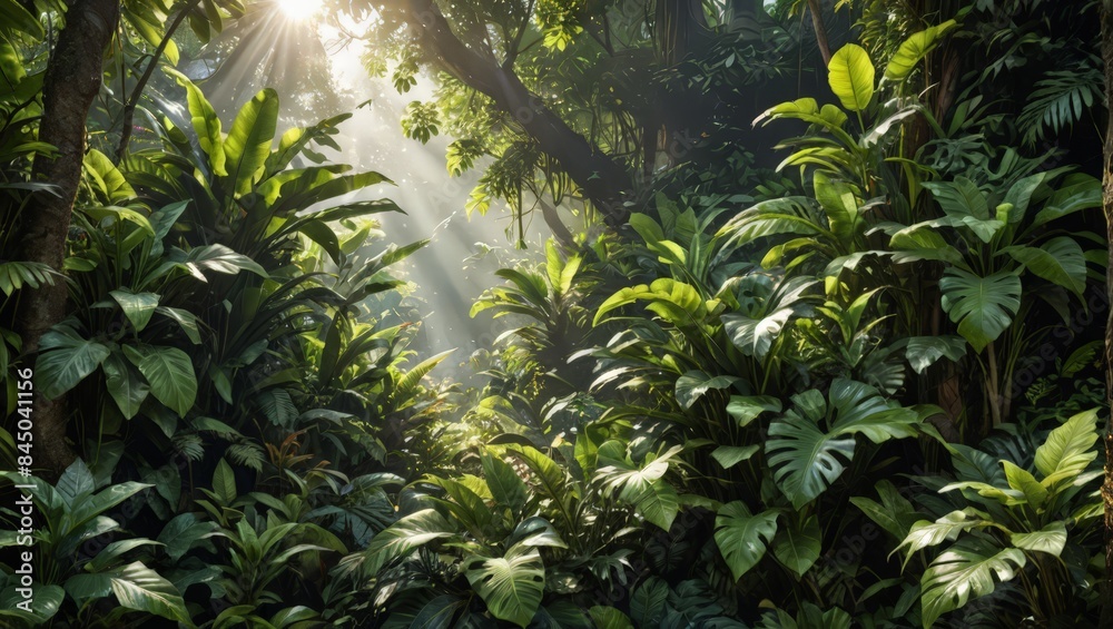 Sunbeams Through Lush Tropical Foliage. Sunbeams Through Lush Tropical Foliage.