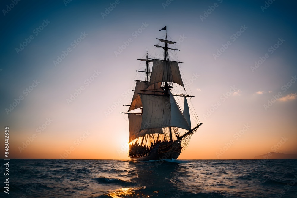 Obraz premium Ancient ship with raised sails at sunset