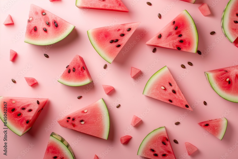 Fresh ripe pieces of watermelon on a red background. View from above Fresh ripe pieces of watermelon on a red background. View from above