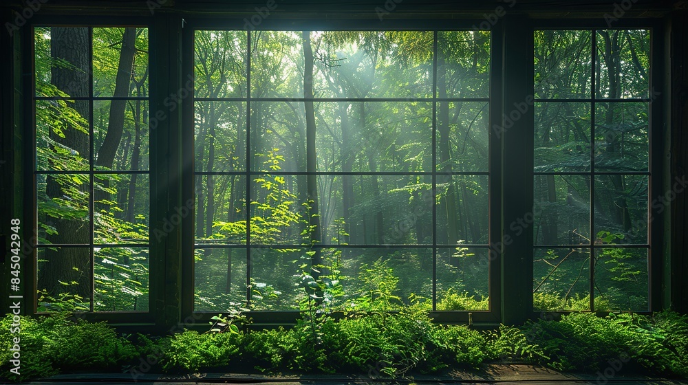 Window offers an amazing view of the forest with serene beauty beyond. Serene, calm aesthetic atmosphere. Generative AI Window offers an amazing view of the forest with serene beauty beyond. Serene, calm aesthetic atmosphere. Generative AI