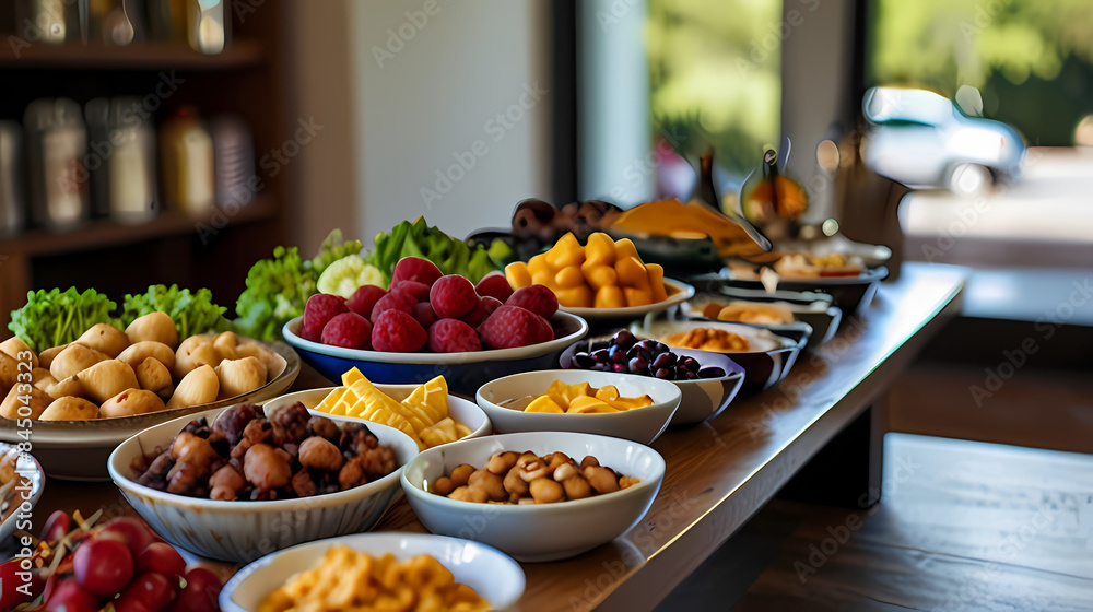 Table filled with food and dishes Background