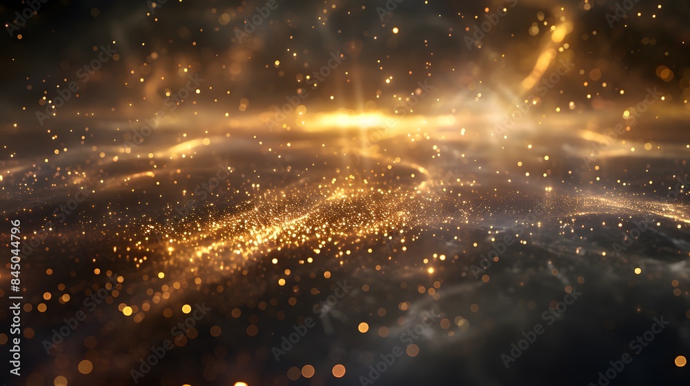Obraz premium Abstract background shining golden floor ground particles stars dust. Futuristic glittering in space on black background.