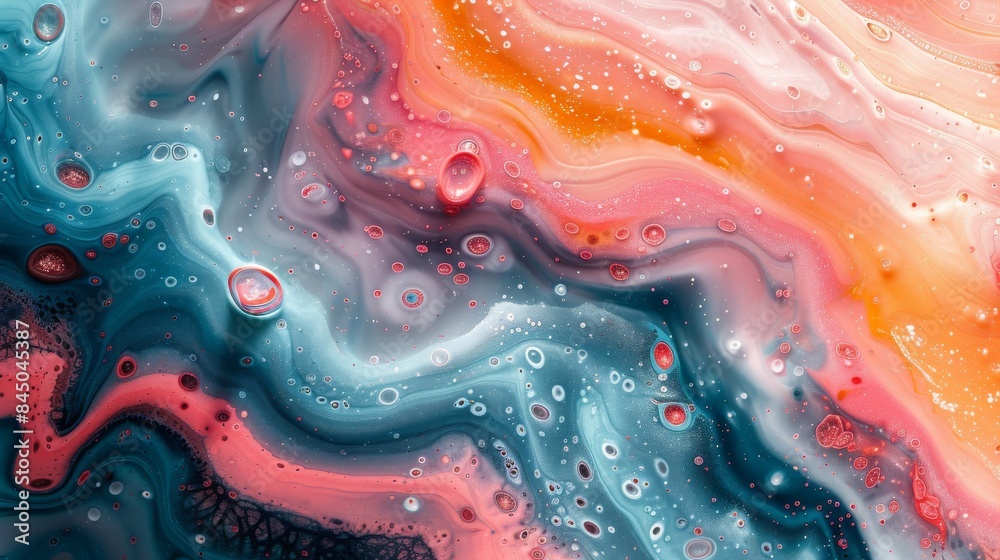 Abstract background of vibrant paint colors in teal, blue, orange, and pink, similar to pouring acrylic paint with swirls, bubbles, and cells. Abstract background of vibrant paint colors in teal, blue, orange, and pink, similar to pouring acrylic paint with swirls, bubbles, and cells.
