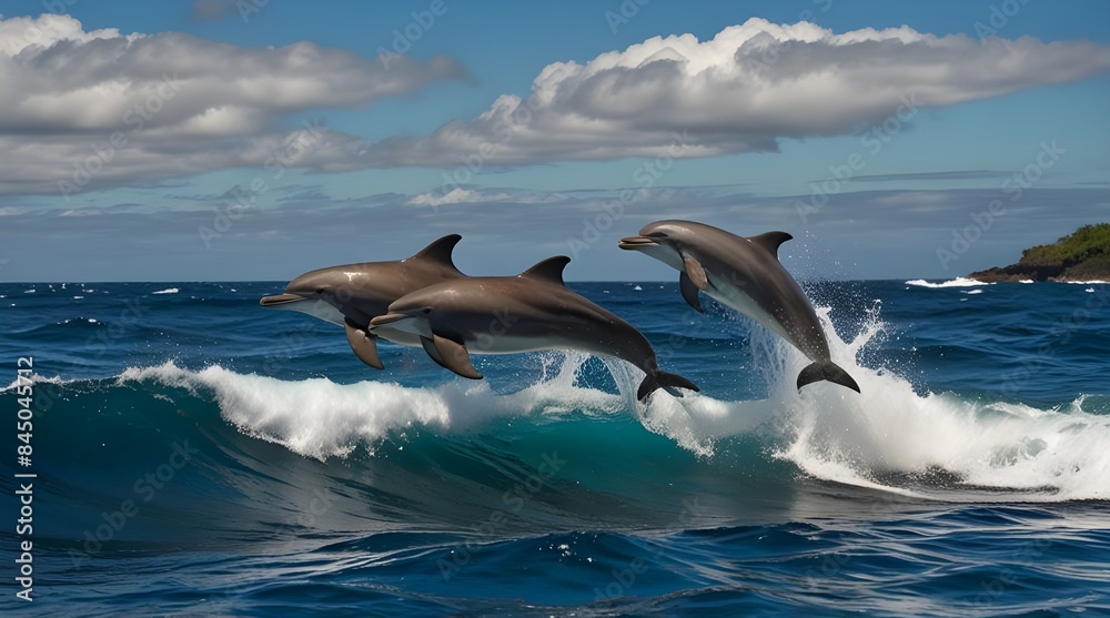 Playful dolphins jumping over breaking waves Hawaii pacific ocean wildlife scenery.generative.ai Playful dolphins jumping over breaking waves Hawaii pacific ocean wildlife scenery.generative.ai