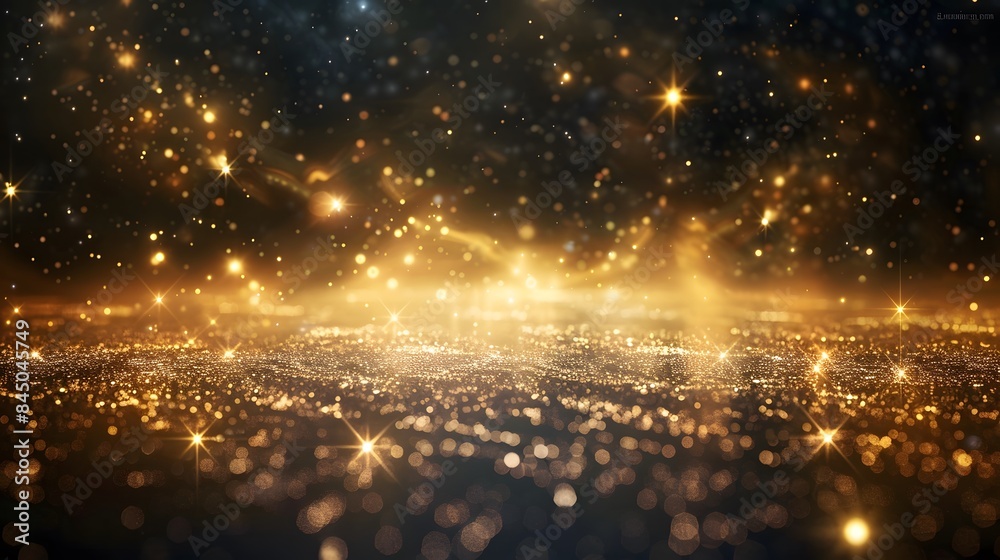 Naklejka premium Abstract background shining golden floor ground particles stars dust. Futuristic glittering in space on black background. 