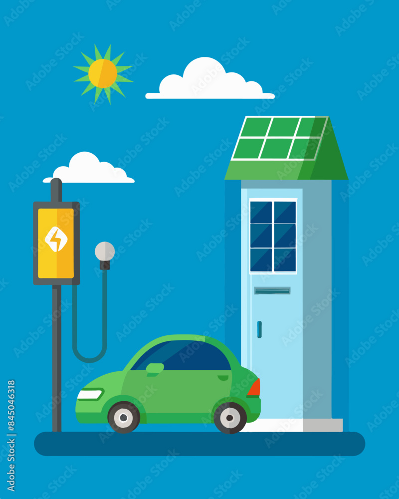With its compact size and solarpowered technology the EV charger can be easily installed in urban areas reducing the dependency on traditional power grids.. Vector illustration With its compact size and solarpowered technology the EV charger can be easily installed in urban areas reducing the dependency on traditional power grids.. Vector illustration