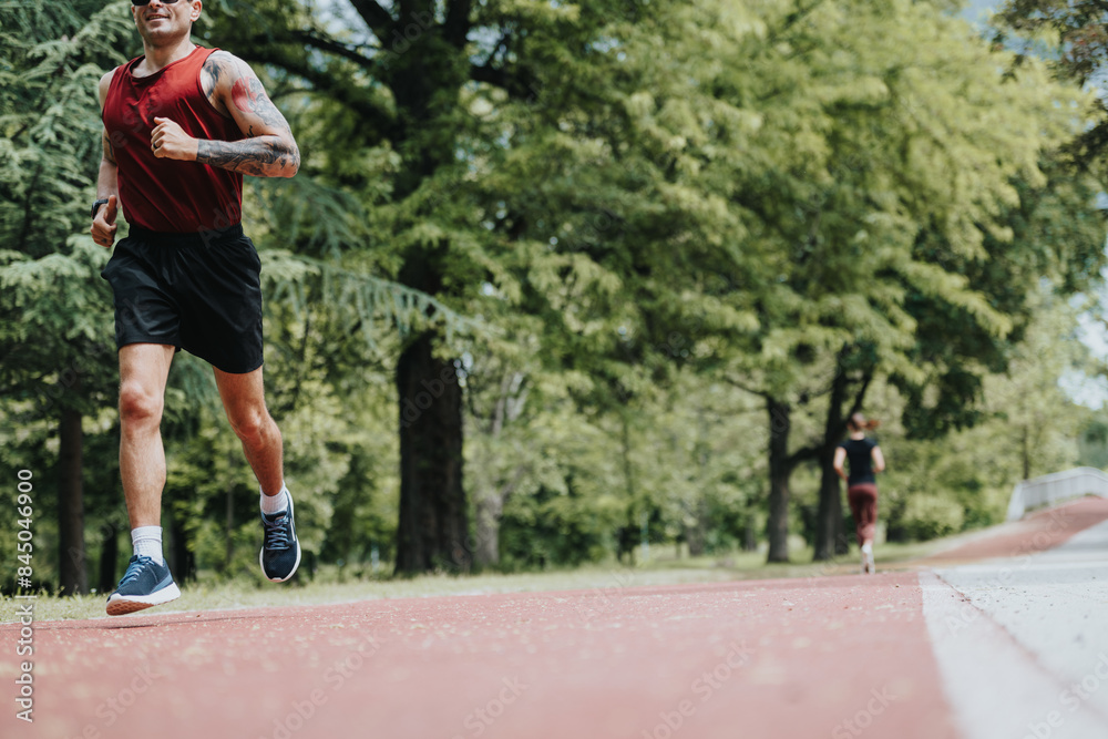 Obraz premium Two athletic men engaged in running on a red track in a lush green park, illustrating dedication and vitality in workout routines.
