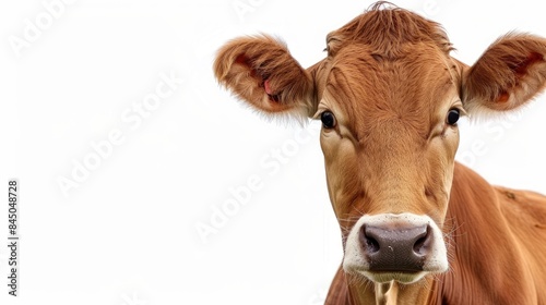 Brown cow with black nose isolated on white background innocent expression © TheWaterMeloonProjec